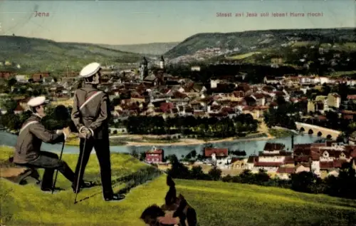 Ak Jena in Thüringen, Stoßt an, Jena soll leben, Studenten, Panorama der Stadt