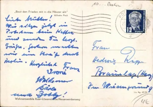 Ak Berlin Friedrichshain, Wohnensemble Auerstr. Löwestr. Neuer Weidenweg, Nat. Aufbauprogramm 1953