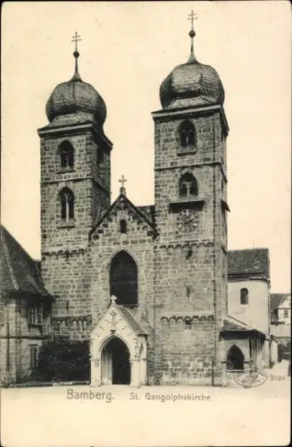 Ak Bamberg in Oberfranken,  St. Gangolphskirche, zwei Türme, Uhr, Eingang
