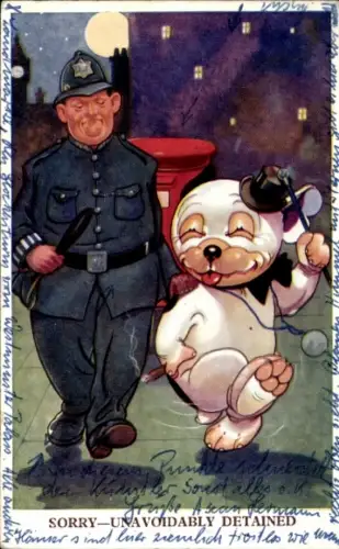 Ak Hund Bonzo beim Zigarrenrauchen, Polizist, Mond