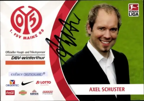 Autogrammkarte Axel Schuster, Team-Manager, 1. FSV Mainz 05, Portrait, Autogramm