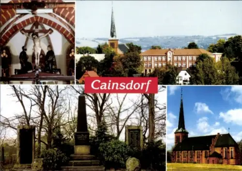 Ak Cainsdorf Zwickau in Sachsen, Kreuzigungsgruppe mit Bergmann und Hüttenarbeiter, Kirche und...