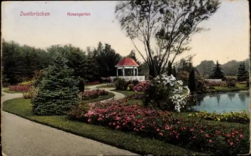 Ak Zweibrücken in der Pfalz,  Rosengarten, Gartenlandschaft, Pavillon, Blumenbeete