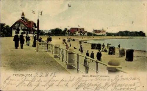 Ak Ostseebad Travemünde Lübeck,  Obere Strandpromenade, Strand, Menschen, Schirme
