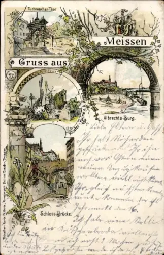 Litho Meißen an der Elbe, Albrechtsburg, Tuchmacher Tor, Schlossbrücke, Klosterruine
