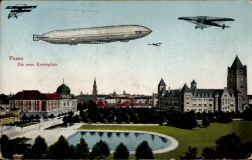 Ak Poznań Posen, Neue Kaiserpfalz, Zeppelin, Doppeldecker