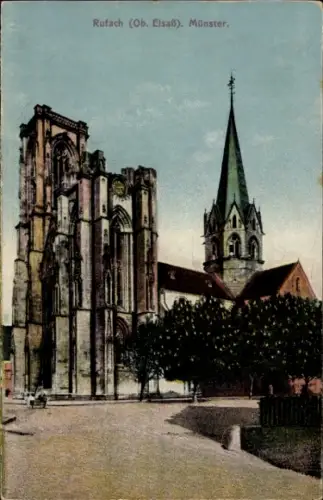 Ak Rouffach Rufach Elsass Haut Rhin, Rufach, Münster,  Gebäude, farbige Darstellung