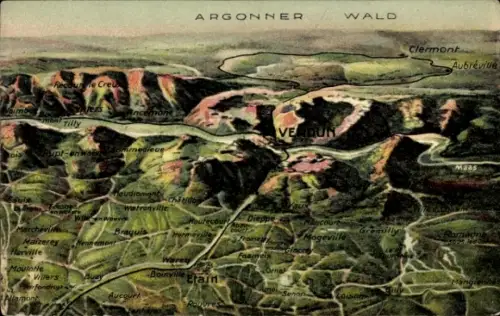 Ak Verdun Meuse, Kartenansicht Argonner Wald,  geografische Namen, keine Persönlichkeiten