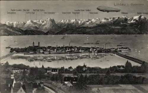 Ak Lindau am Bodensee Schwaben, Gesamtansicht, Zeppelin über der Stadt