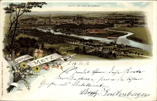 Litho Metz Moselle, Panorama, Blick vom Fort St. Quentin