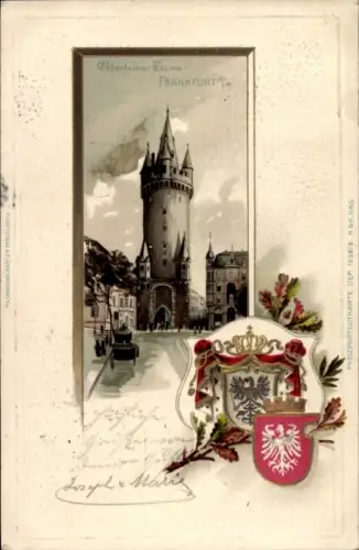 Präge Wappen Passepartout Litho Frankfurt am Main, Eschenheimer Turm