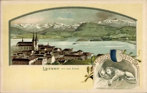 Präge Passepartout Litho Luzern Stadt Schweiz, Stadtansicht, Alpen, Löwendenkmal