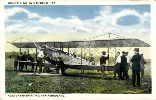Ak San Antonio Texas USA, Kelly Fields, Aviators inspecting new Aeroplane