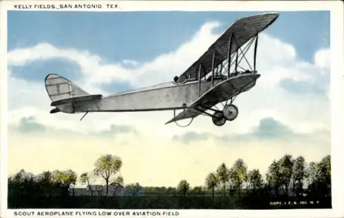 Ak San Antonio Texas USA, Kelly Fields, Scout Aeroplane flying low over a Aviation Field