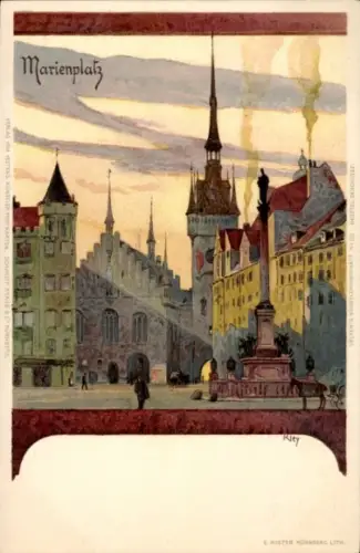 Künstler Litho Kley, Heinrich, München, Marienplatz, Kirche, Denkmal