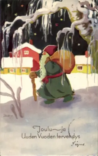 Ak Glückwunsch Weihnachten, Weihnachtsmann, Sack, Häuser