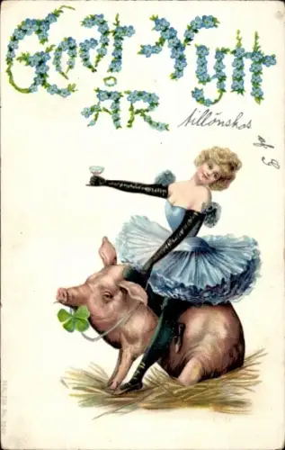 Ak Glückwunsch Neujahr, Junge Frau, Schwein, Glücksklee