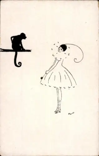 Scherenschnitt Künstler Ak Frau in weißem Kleid, Affe