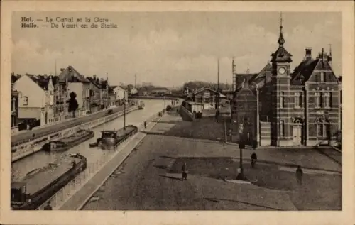Ak Hal Halle Flämisch Brabant, Kanal, Bahnhof
