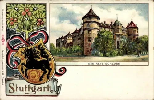 Künstler Wappen Litho Stuttgart in Württemberg, Altes Schloss