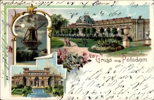 Mondschein Litho Potsdam, Sanssouci, Schloss, Orangerie, Mühle