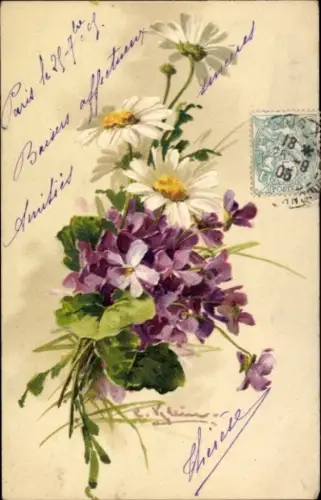 Künstler Ak Klein, Catharina, Blumenstrauß, Margeriten, Veilchen