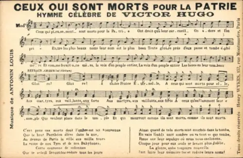 Lied CPA Ceux qui sont Morts pour la Patrie, Hymne celebre de Victor Hugo