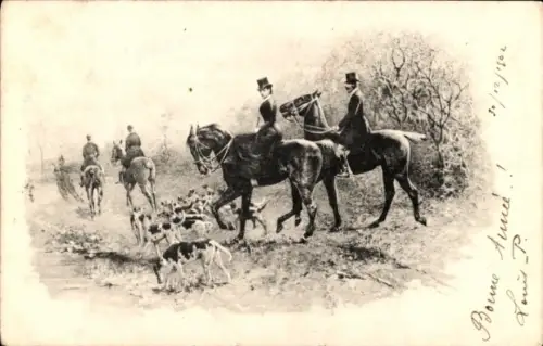Litho Menschen zu Pferden, Jagdhunde, Jagd