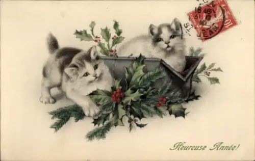 Ak Glückwunsch Neujahr, Katzen, Stechpalme