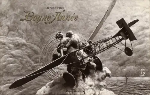 Ak Plastik von Domenico Mastroianni, Bonne Annee, Französisches Kampfflugzeug, Liebespaar