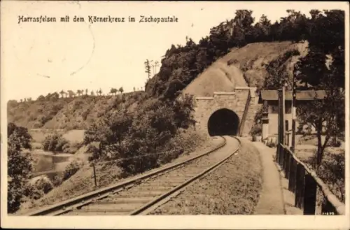 Ak Schönfeld im Zschopautal Thermalbad Wiesenbad im Erzgebirge, Harrasfelsen, Körnerkreuz,  Eisen