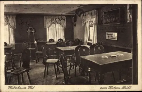 Ak Chemnitz in Sachsen, Gastraum mit Tischen und Stühlen, Fenster mit Vorhängen, Huberbauer Hof