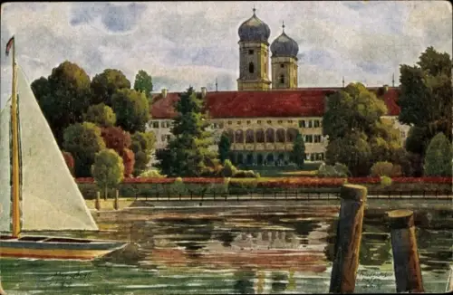 Ak Friedrichshafen am Bodensee, Schloss Friedrichshafen, Bodensee, Segelboot, Wasser, Bäume, Himm