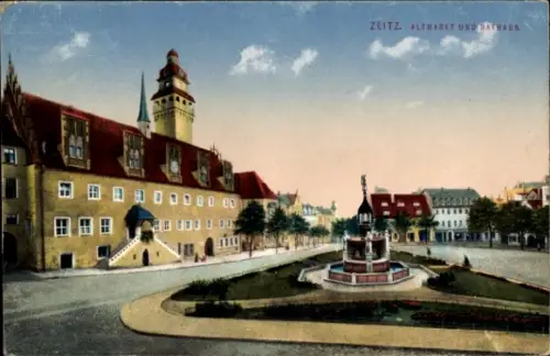Ak Zeitz im Burgenlandkreis,  Altmarkt, Rathaus, Brunnen,  