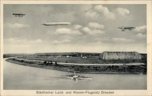 Ak Dresden, Städtischer Land und Wasser-Flugplatz, Dampfer, Zeppelin