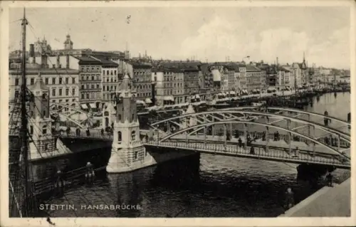 Ak Szczecin Stettin Pommern,  Hansabrücke, Brücke, Wasser, Stadtansicht