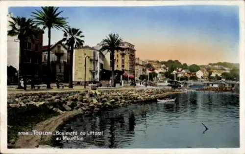 Ak Toulon Var, Boulevard du Littoral,  Meer, Palmen, Boote