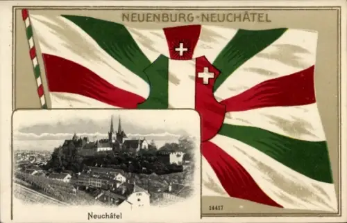 Präge Wappen Ak Neuchâtel Neuenburg Stadt, Gesamtansicht, Fahne