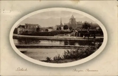 Ak Hansestadt Lübeck,  Burgtor, Panorama, Stadtansicht, Fluss