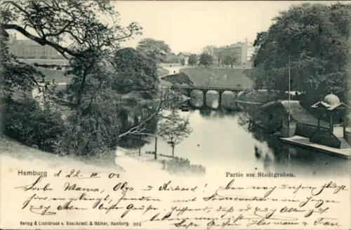 Ak Hamburg Mitte Altstadt,  Stadtgraben, Brücke, Bäume, 