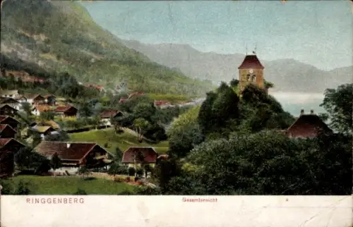 Ak Ringgenberg Kanton Bern,  Gesamtansicht, Landschaft, Berge, Häuser, Turm