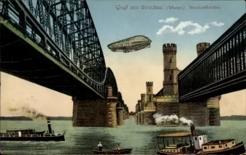 Mondschein Ak Tczew Dirschau Pommern, Weichselbrücken, Zeppelin
