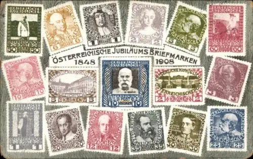 Briefmarken Ak Jubiläumsbriefmarken 1908, Kaiser Franz Joseph I.