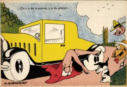 Künstler Ak Badert, A. G., Frau repariert ihr Auto, Männer bewundern die Unterwäsche