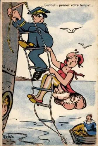 Künstler Ak Mann in Uniform klettert an Bord eines Schiffes, Frau-Unterwäsche