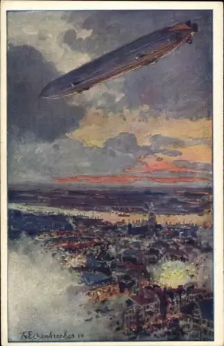 Künstler Ak von Eckenbrecher, Themistokles, Zeppelin über Antwerpen