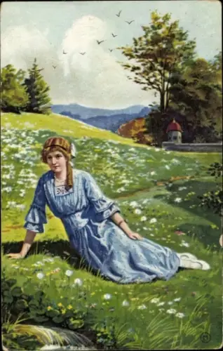 Künstler Ak Frau sitzt auf einer Wiese