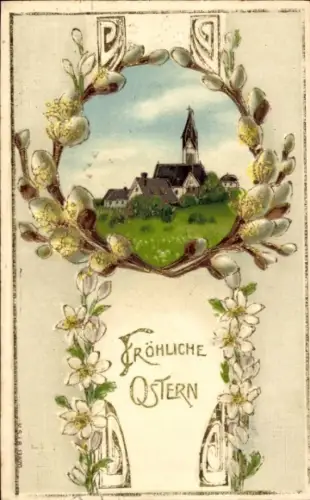 Präge Passepartout Ak Glückwunsch Ostern, Dorfidyll, Weidenkätzchen
