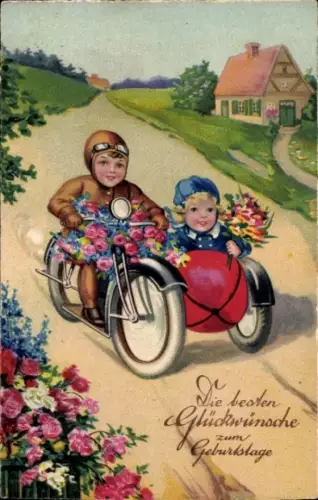 Ak Glückwunsch Geburtstag, Kinder auf einem Motorrad, Blumen