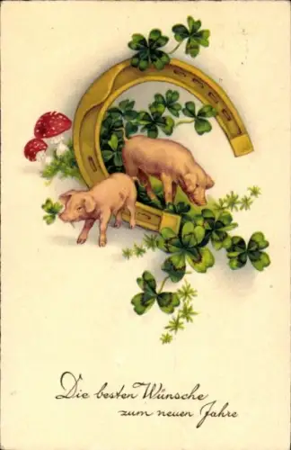 Ak Glückwunsch Neujahr, Hufeisen, Schweinchen, Pilze, Glücksklee